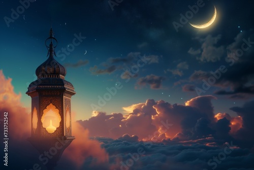 Ramadan lantern against night sky with crescent moon and clouds. Beacon of hope guiding believers through spiritual journey of Ramadan photo
