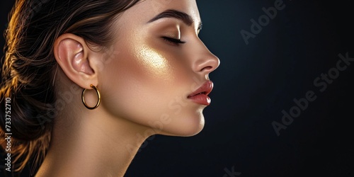Stunning woman with gold earring and bob hairstyle in dark brown, showcasing flawless face and full makeup in profile view.