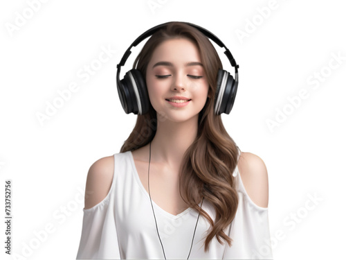 Beautiful girl listening to music with headphones on and eyes closed. transparent background.