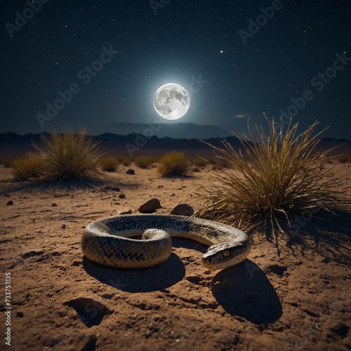 a snake crawling in the desert at night, full moon in the sky