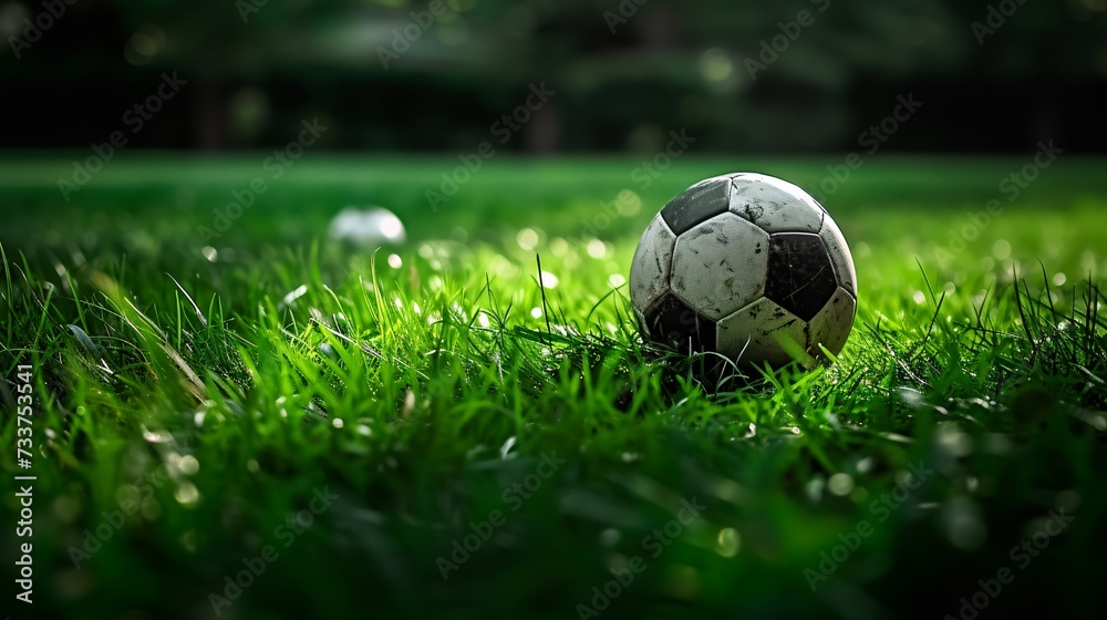 Fototapeta premium Soccer on emerald turf with black and white ball.