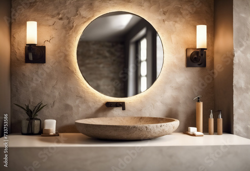 Armonia Naturale- Lavabo in Pietra con Specchio su Parete Testurizzata in Pietra in Bagno Minimalista dai Toni della Terra, Immagine di Alta Qualità