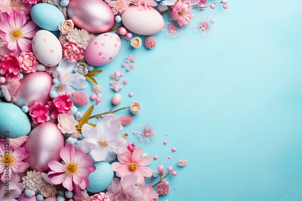 an easter card is sitting on a pink and blue background