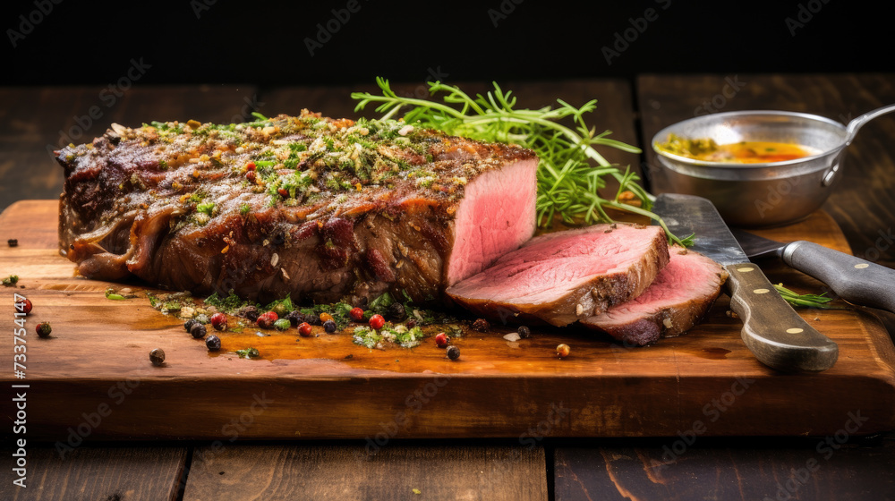 Succulent mediumrare roast beef on a cutting board with herbs and spices carving knife and sauce boat in the backdrop