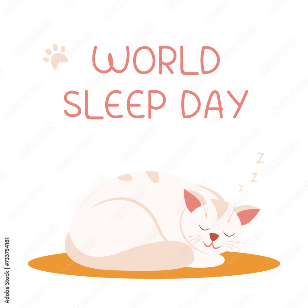 World Sleep Day. Cat sleeping. Holiday poster or banner 