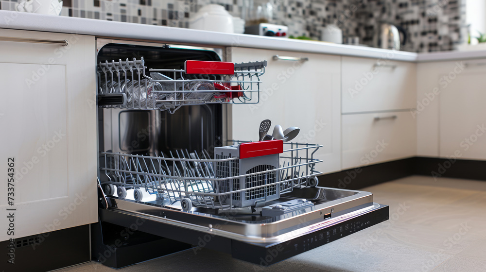 Open Dishwasher with Clean Plates and Glassware in Modern Kitchen Open Dishwasher with Clean Plates and Glassware in Modern Kitchen