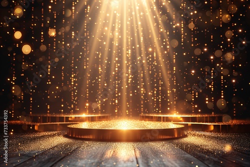 Luxurious illustration of a glittering gold stage with bokeh and decorative lighting effects.