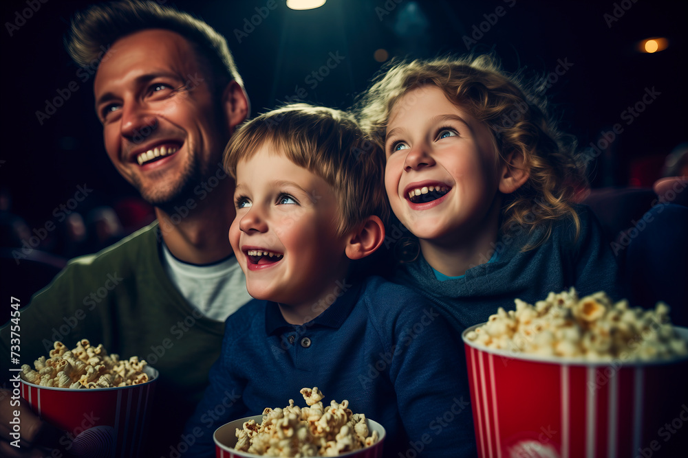 A Man and Two Children Smiling While Watching a Movie