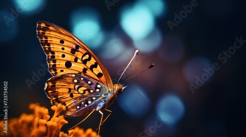 A butterfly sitting on a flower with blurry background, AI © starush