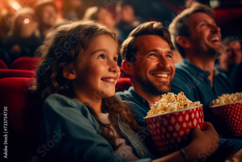 A man and one child smile while watching a movie