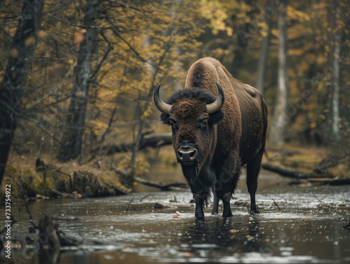 A very large bison peacefully standing in wild nature.