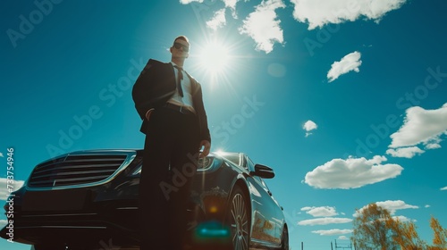 Confident Chauffeur Standing by Luxury Sedan Under Sunny Sky