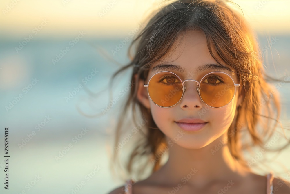 Cute little Indian girl standing near the sea in sunglasses, family vacation Cute little Indian girl standing near the sea in sunglasses, family vacation