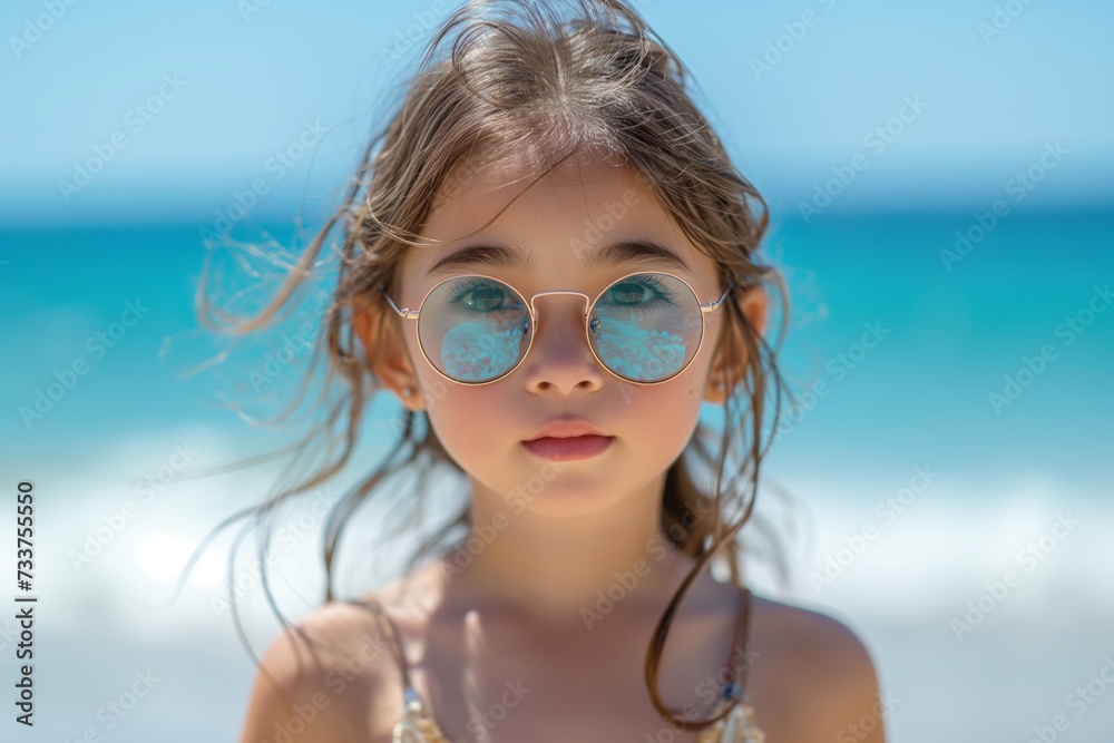 Cute little Asian girl standing near the sea in sunglasses, family vacation