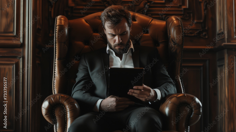 Confident Executive Browsing on Tablet in Luxurious Office Chair Confident Executive Browsing on Tablet in Luxurious Office Chair