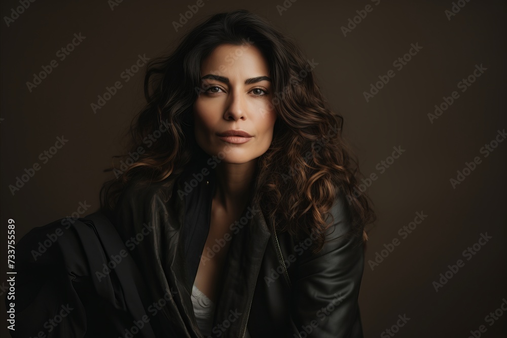Portrait of a beautiful brunette woman in a black jacket.