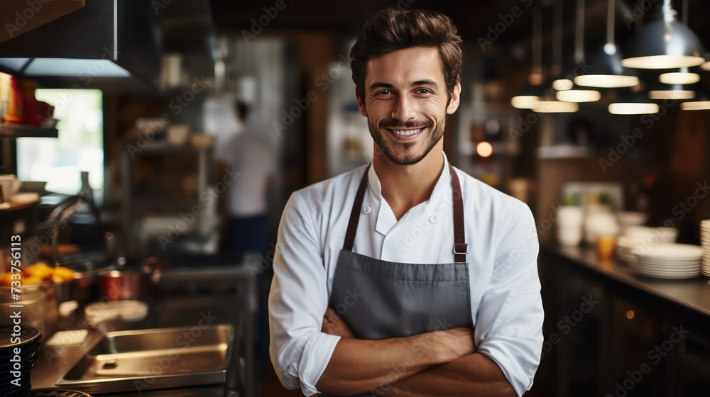 portrait of male chef smiling confidently in the kitchen - obrazy, fototapety, plakaty 