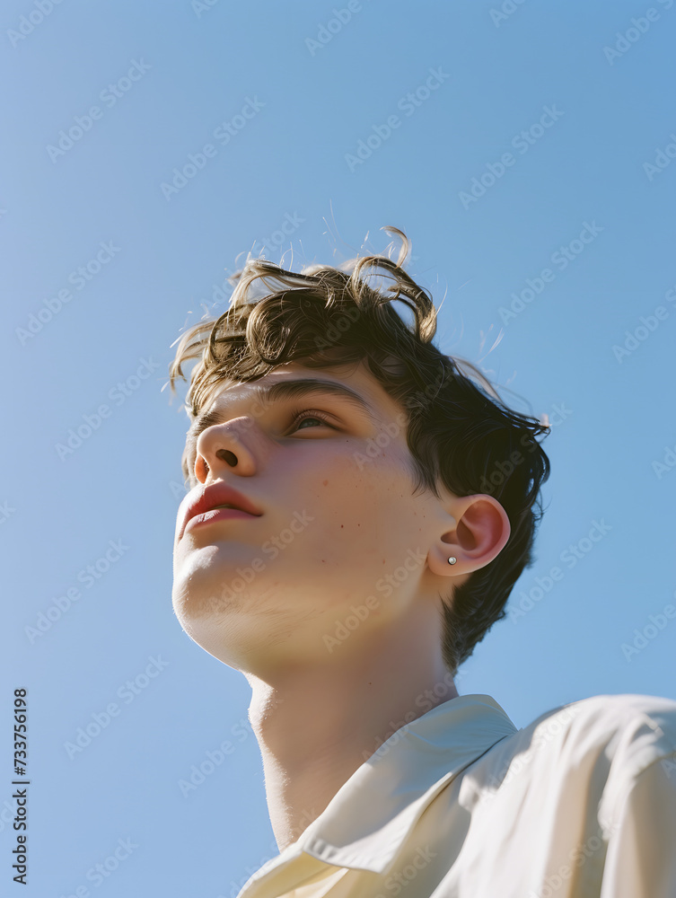 Dreamy shot of a young male in the blue sky, Generative AI Dreamy shot of a young male in the blue sky, Generative AI