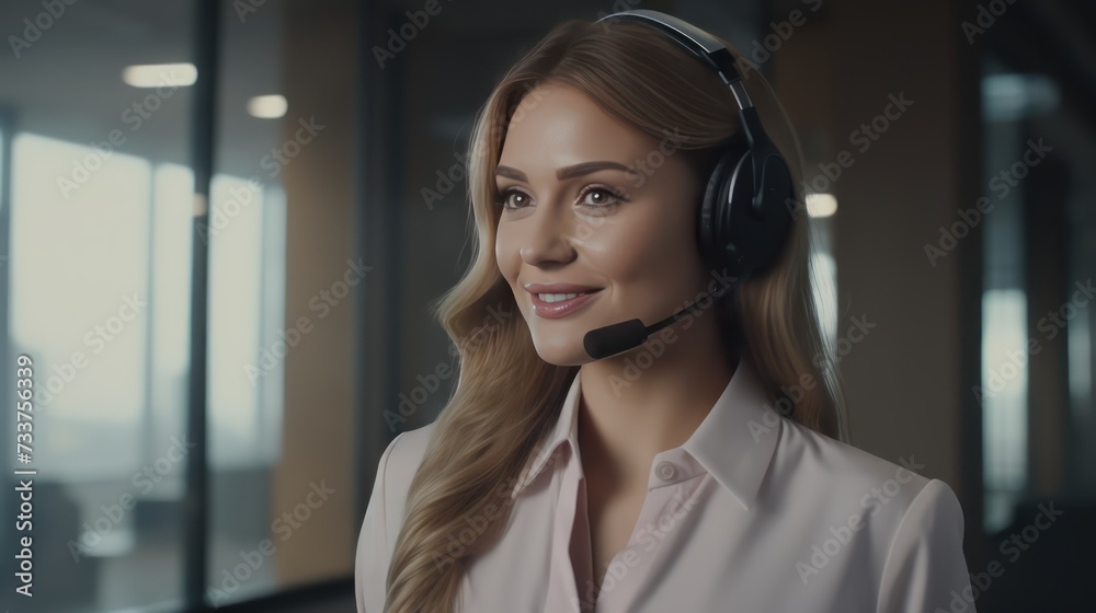 Friendly female helpline operator in call center. Young woman working in call center Friendly female helpline operator in call center. Young woman working in call center