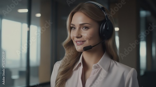 Friendly female helpline operator in call center. Young woman working in call center 