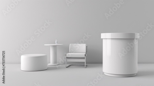 Authentic trade show furnishings including chairs and tables, as well as a blank white display area for corporate use. photo