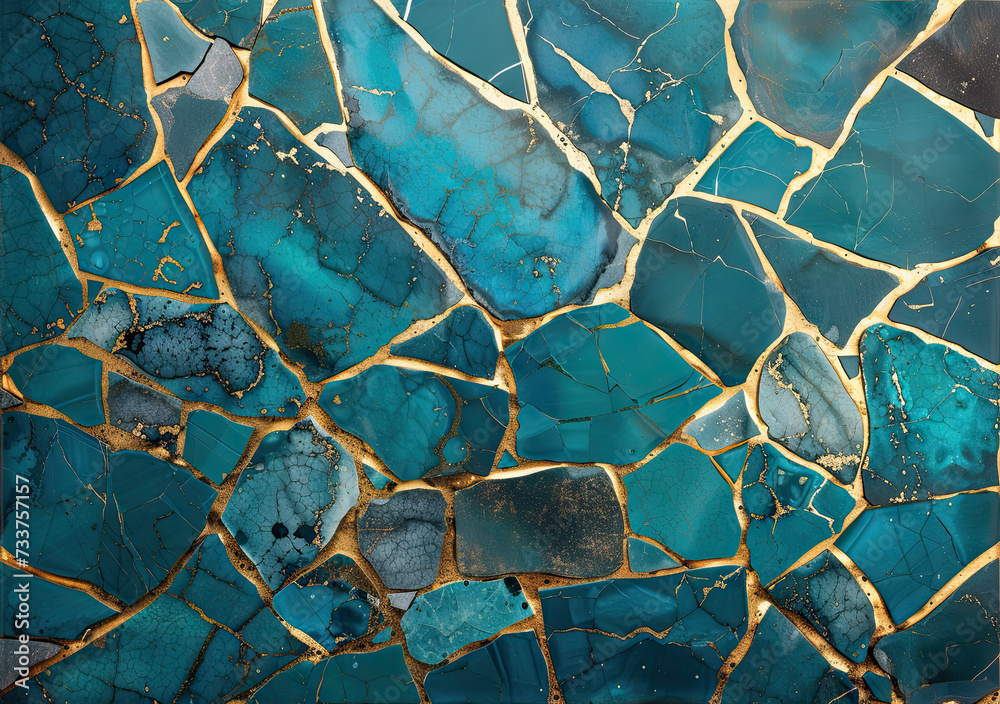 Turquoise and gold chrome kintsugi mosaic with mineral marble textures bold golden outlines - obrazy, fototapety, plakaty 