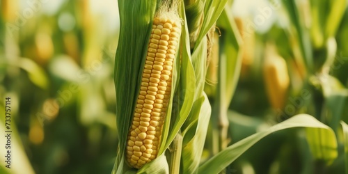 Close up corn cobs in corn plantation field. Concept of agriculture  production of natural eco-products