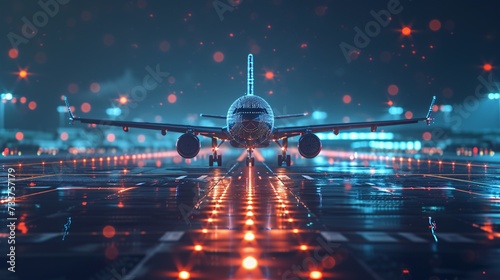 An airplane taking off at an airport with a futuristic technology and AI, representing air travel and cargo transportation.