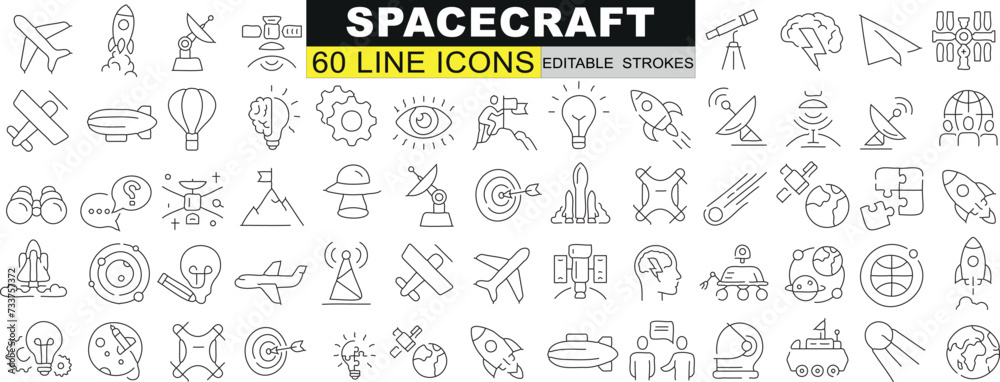 Spacecraft, 60 line icon. Vector illustrations of alien, astronaut, planets. Perfect for web design, apps. Clear visuals of space exploration elements