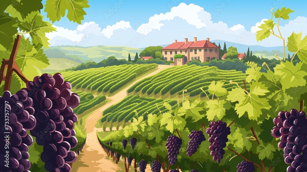 French winery in Burgundy, offering wine tasting with renowned grape varieties depicted in a beautiful Bordeaux landscape illustration.
