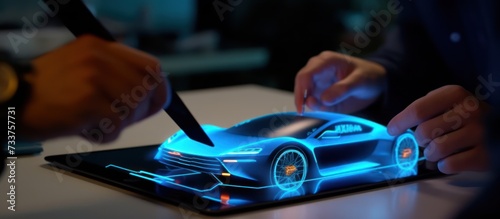 3d rendering design of car transportation on tablet