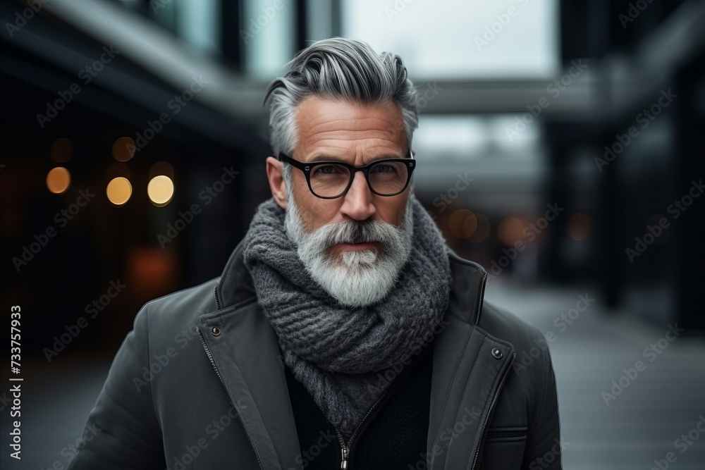 Portrait of a handsome senior man with gray beard wearing glasses and coat. Men's beauty, fashion. Portrait of a handsome senior man with gray beard wearing glasses and coat. Men's beauty, fashion.