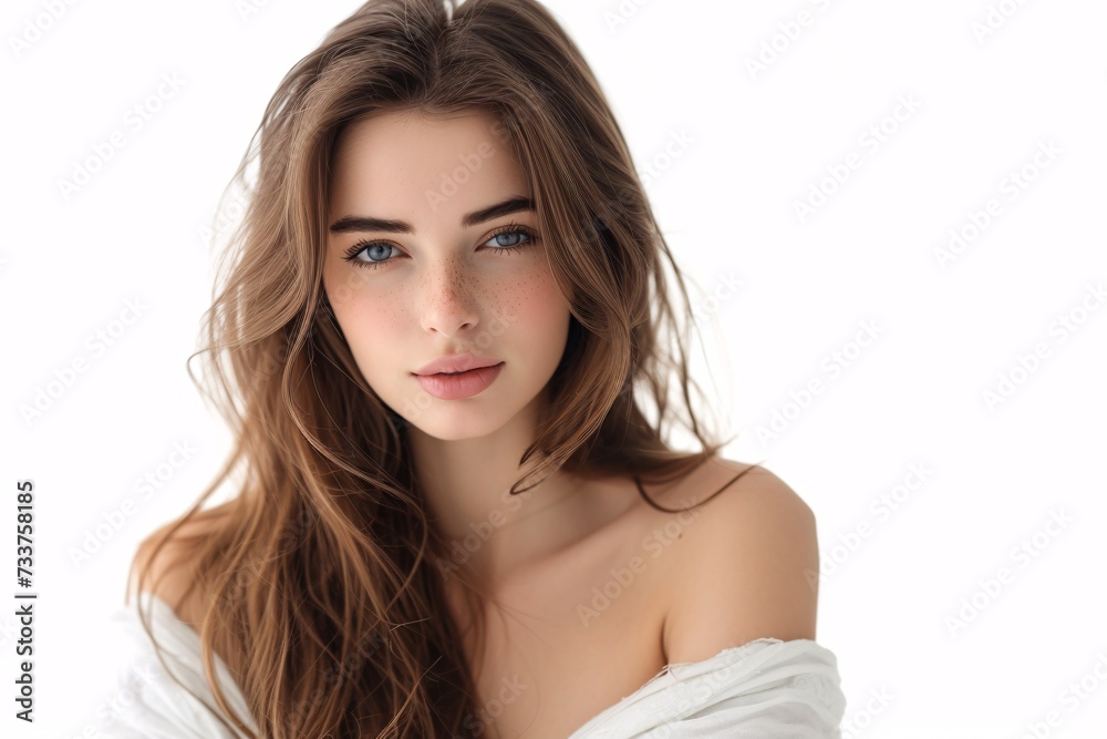 Fototapeta premium A youthful brunette female posing alone against a white backdrop.