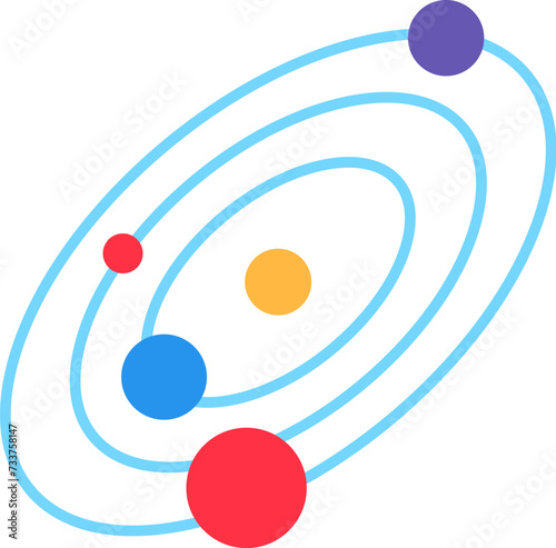 Planetary model graphic set. Celestial dance of orbiting planets, abstract techno element for modern and retro technological design. Simple color vector pictogram isolated on white background