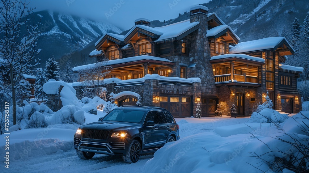 Fototapeta premium Evening Snowfall on Luxury Chalet with SUV in Mountain Getaway
