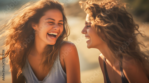 Two best friend young woman laughing together. Portrait of cheerful friends.