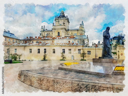 St. George's Cathedral (Sobor sviatoho Yura), a baroque-rococo cathedral in the city of Lviv, the historic capital of western Ukraine. Watercolor painting. photo