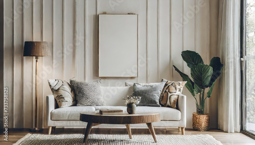 Cozy white living room interior, home mockup, © netsay