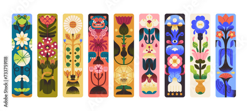 Decorated paper bookmarks with nature set. Page tags with modern floral print, botanical pattern. Abstract flower, stylized leaves, colored plants for book mark design. Flat vector illustrations photo