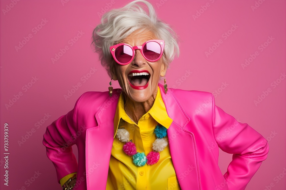 Portrait of a happy senior woman wearing sunglasses and a pink jacket Portrait of a happy senior woman wearing sunglasses and a pink jacket