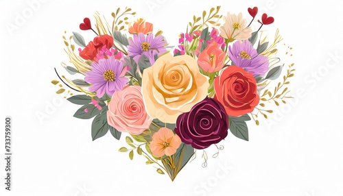 heart shaped bouquet of roses and flowers on white background, valentine's day flowers