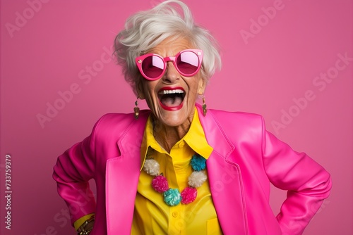Portrait of a happy senior woman wearing sunglasses and a pink jacket © Iigo
