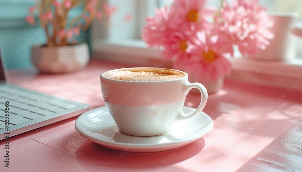 pink cup of coffee and laptop pink cup of coffee and laptop