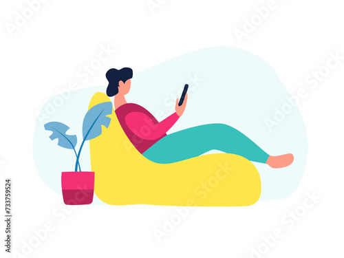Man working home using his smartphone. Flat illustration
