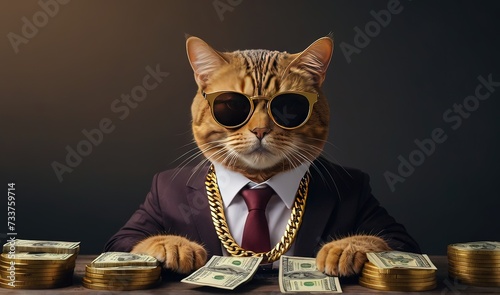 Cool rich gangster boss cat hipster with sunglasses, hat, headphones, gold chain and money dollars. Business, finance, creative idea. Crypto investor cat is holding a lot of money. Winning, concept 
