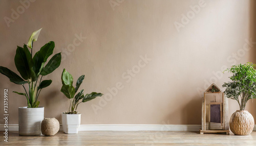 Interior of contemporary minimalist beige style with brown couch, wood floor, and plants. vacant wall mock-up in an illustration. great illustration