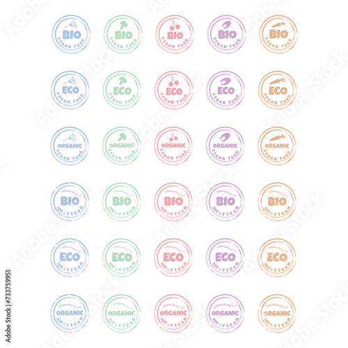 Eco  bio  organic logo. Large set of labels for vegan products. Vector lettering on white background
