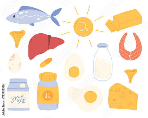 Set of products containing vitamin D. Foods high in vitamin D. Hand drawn collection of vitamin D. Vector illustration.