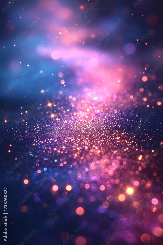Abstract blue, purple and pink glitter lights background. Night sky with stars. Gradient blue and purple colorful space texture with stardust and milky way. Magic color galaxy