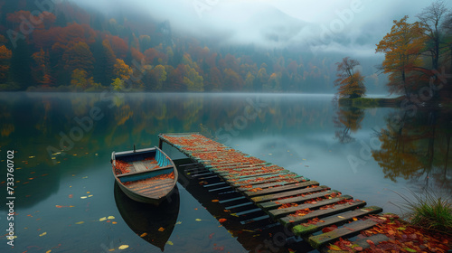 Foggy lake morning with solitary boat and autumnal reflections